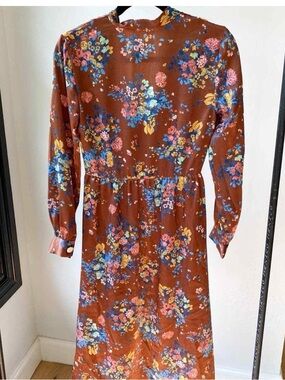 Zara Floral Long-Sleeve Midi Dress in Rust with Multicolor Blooms